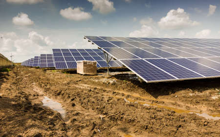 Side view of Installed row of Photovoltaic solar panels / modules at solar power station. Clear sky sunny day clear view. Black cotton soilの写真素材