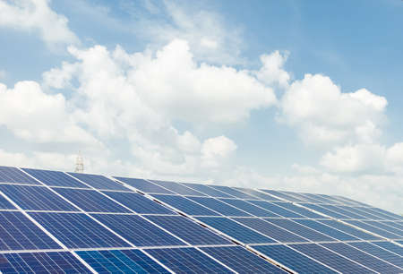 Installed Photovoltaic solar panels / modules at solar power station. Clear sky sunny day clear closeup view.の写真素材