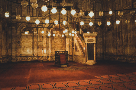 cairo, egypt, february 25,2017: view of lamps inside old mosque at cairo, egypt