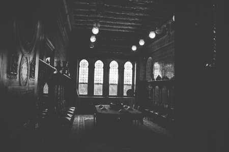 cairo, egypt, may 6, 2017: black and white of the dinning room inside residence hall of muhammad ali at manial palaceの写真素材
