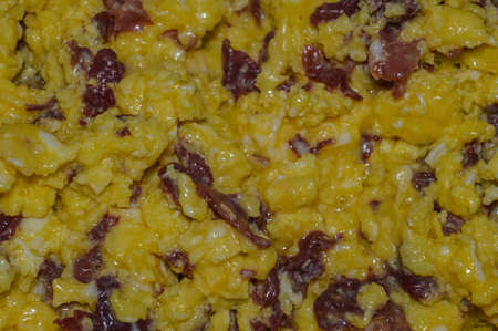 closeup of fried egg with pastramiの写真素材