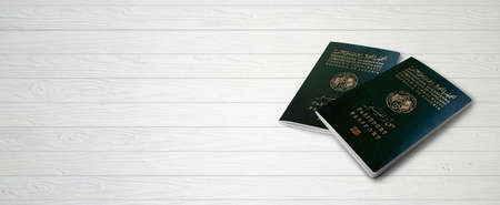 Algerian Passports on Wood Lines Background Banner with Copy Space - 3D Illustrationの写真素材