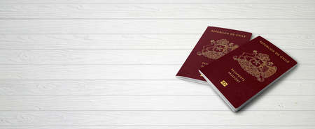 Chilean Passports on Wood Lines Background Banner with Copy Space - 3D Illustrationの写真素材