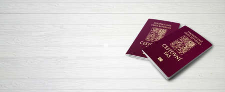Czech Republic Passports on Wood Lines Background Banner with Copy Space - 3D Illustrationの写真素材