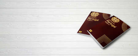 Portuguese Passports on Wood Lines Background Banner with Copy Space - 3D Illustrationの写真素材