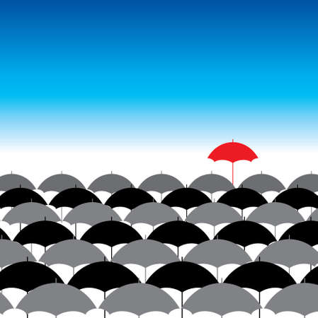 red umbrella amongst black umbrellas viewed from aboveのイラスト素材