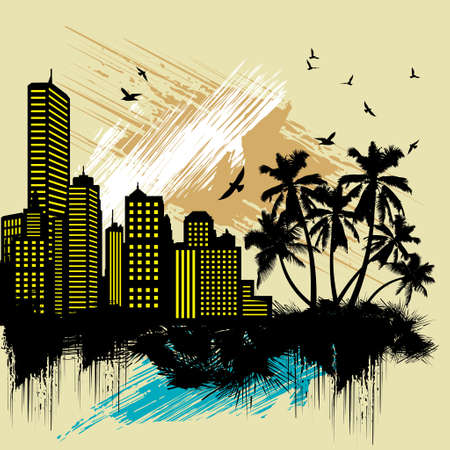 city with palm tree and colorful paint splatのイラスト素材