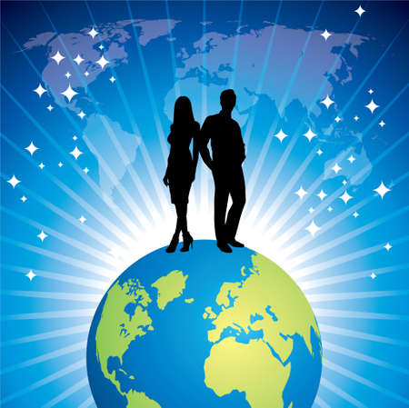 silhouette of couple with globe on the blue background.のイラスト素材