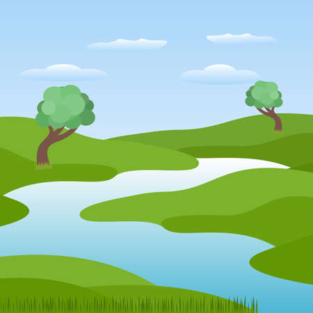 Scenery of greenery with trees & riverのイラスト素材