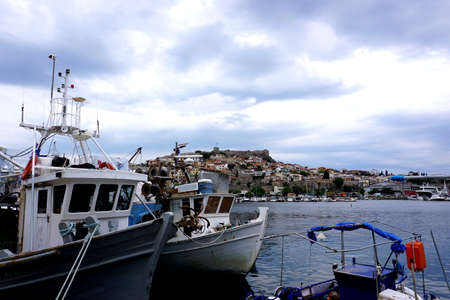 Fishing boats in Aegean Sea summer Kavala, Greece.のeditorial素材