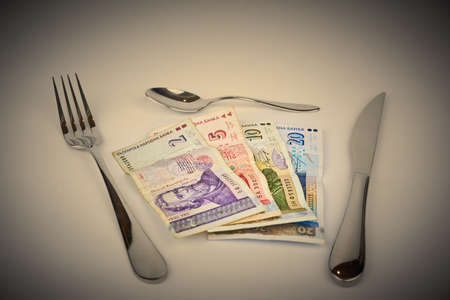 Bulgarian baknotes, knife,spoon and forkの写真素材