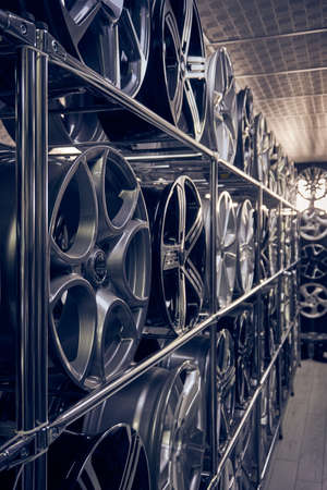 Alloy car wheels in a store