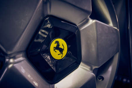 Izmir, Turkey , January 14th. , 2020: Near shot of Ferrari brand alloy wheel in an auto shop. Many car manufacturers try to produce unique allow wheels to attract their customers and make their car look different.のeditorial素材