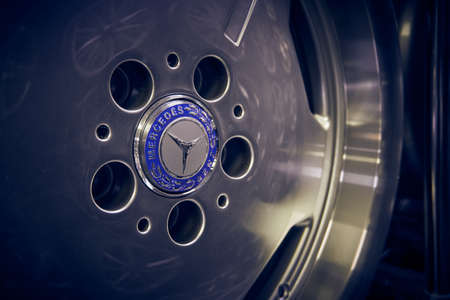 Izmir, Turkey , January 14th. , 2020: Near shot of Mercedes Benz brand alloy wheel in an auto shop....