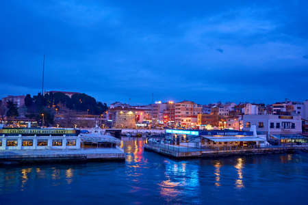 Gallipoli, Canakkale, Turkey - January 30, 2020: Beautiful view from harbor of Gallipoli, (Gelibolu) with the buildings, houses, shops and restaurants. Gallipoli is placed in Canakkale province  where Dardanelles strait connects the sea of Marmara with thのeditorial素材