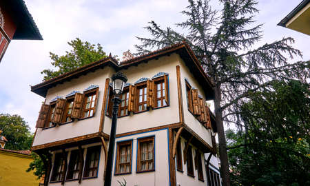Plovdiv, Bulgaria - July 17, 2018: Beautiful view of houses and streets from the period of Bulgarian revival in the old town; city Plovdiv, Bulgaria. Plovdiv also is the  European capital of culture for year 2019 and very famous touristic place.のeditorial素材