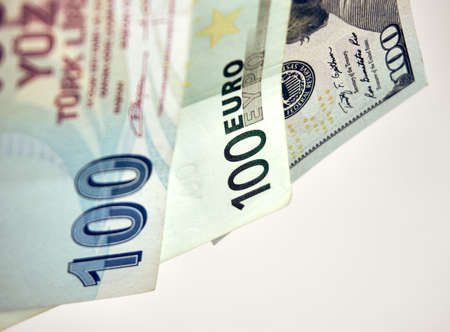 Turkish Banknote next to Euro and Dollarの写真素材