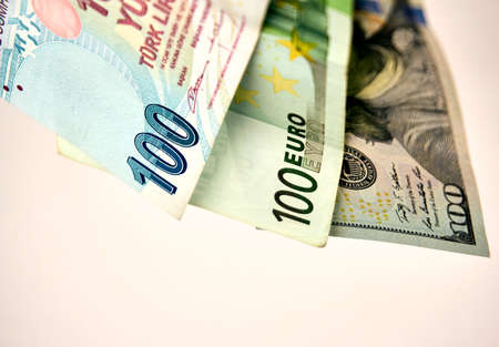 Turkish Banknote next to Euro and Dollar