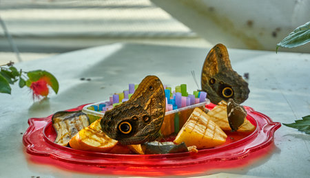 Butterflies feeding from a plate full of fruits