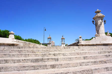Valencia, Spain - July 27, 2017: View of section of the Puente de la Mar crossing the Turia dried riverbed.The river river was diverted to prevent flooding.の写真素材