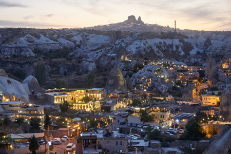 Goreme, Cappadocia / Turkey - October 24, 2020: Panoramic cityscape photo of Goreme Town in Nevsehir, Turkey.のeditorial素材