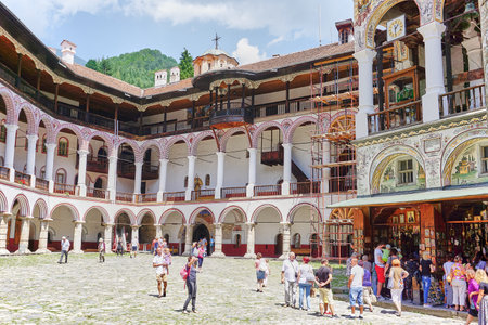 Rila, Bulgaria - July, 23, 2017: Tourists visiting Rila monastery , the oldest and largest monastery in Bulgaria.Also known as  Monastery of Saint Ivan of Rila.のeditorial素材