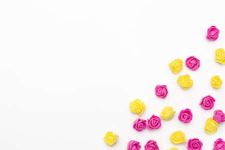 pink and yellow roses on a white background. Festive background for Valentine's day, birthday, wedding, holiday, postcard, partyの写真素材