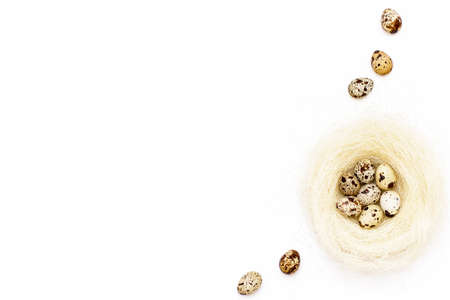 Easter quail eggs in a nest and some eggs on a near white background. Easter festive background. Top view. Flat lay.の写真素材
