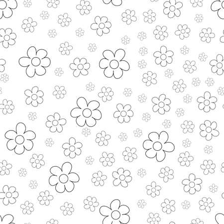 Black and White Ditsy Pattern with Small Flowers for Seamless Texture. Feminine Ornament for Textile, Fabric, Wallpaper, background. Vector illustration.のイラスト素材