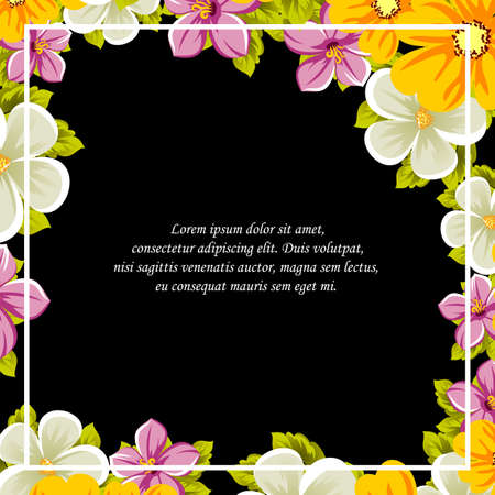 Elegant frame of flowers on a black background. For the design of cards, invitations, greeting cards, fabrics, banners. For birthday, wedding, party, Valentine's day, holiday.のイラスト素材