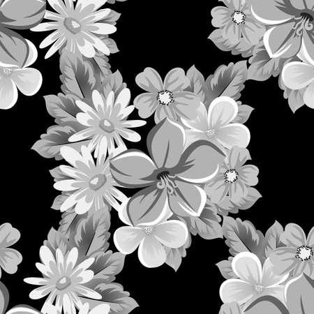 abstract seamless pattern of flowers on black background. for card designs, greeting cards, birthday invitations, Valentine's day, party, holiday. Vector illustration.のイラスト素材