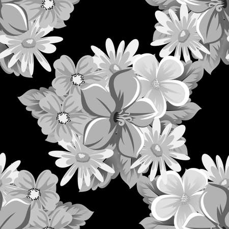 abstract seamless pattern of flowers on black background. for card designs, greeting cards, birthday invitations, Valentine's day, party, holiday. Vector illustration.のイラスト素材