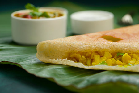 Dosa _Masala dosa,famous south Indian breakfast item which is made in caste iron pan in traditional way and arranged on a fresh banana leaf,with dark green  background ,isolated.の写真素材