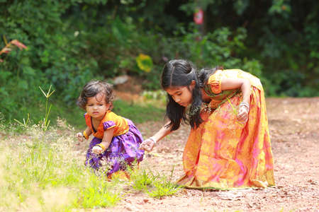 South Indian girl kids wearing  beautiful traditional dress long skirt and blouse,plucking the flowers of wavy hair grass, greenery background.の写真素材