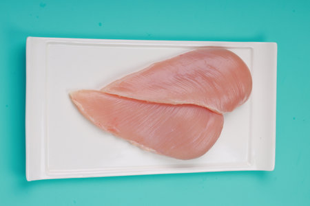 Raw chicken breast fillet without skin arranged on a white rectangle shape flat tableware with ice blue solid colour backgroundの写真素材