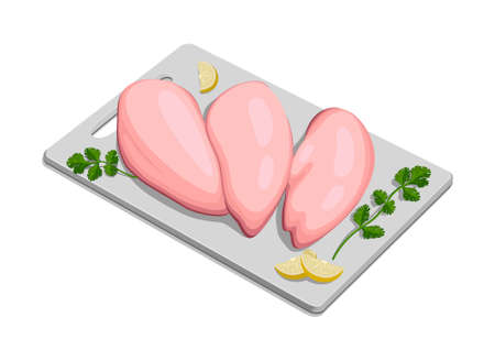 Vector illustration of Raw chicken breast fillet without skin arranged on white board with coriander leaf and lemon slices.のイラスト素材