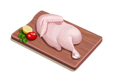 Vector illustration of Raw half chicken with skin arranged on wooden board and garnished with lemon slices ,tomato and coriander.のイラスト素材