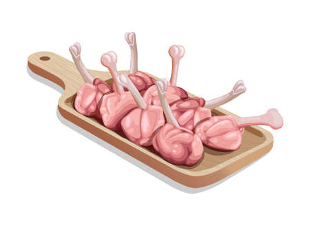 Vector illustration of Raw chicken lollipop , arranged on a wooden base.のイラスト素材