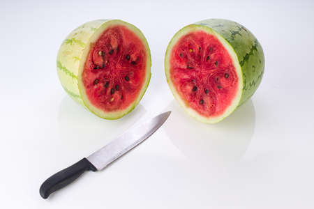 Watermelon Slices, one half of watermelon arranged on a white background, isolatedの写真素材