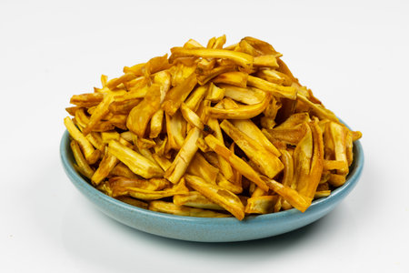 JACKFRUIT CHIPS, Kerala special snack made using raw jackfruit,isolated images, white background.の写真素材