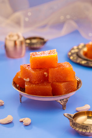 Indian-Kerala sweet dish-Halwa or Halva ,arranged in a festive background.