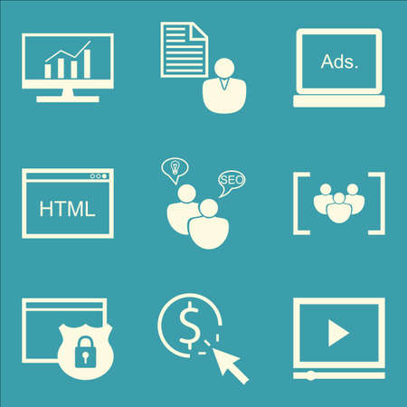 Set Of SEO, Marketing And Advertising Icons On Display Advertising, SEO Consulting, Website Protection And More. Premium Quality EPS10 Vector Illustration For Mobile, App, UI Design.のイラスト素材