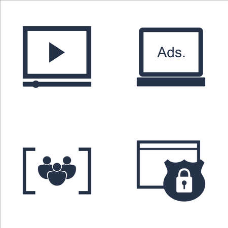 Set Of SEO, Marketing And Advertising Icons On Website Protection, Video Advertising, Display Advertising And More. Premium Quality EPS10 Vector Illustration For Mobile, App, UI Design.のイラスト素材