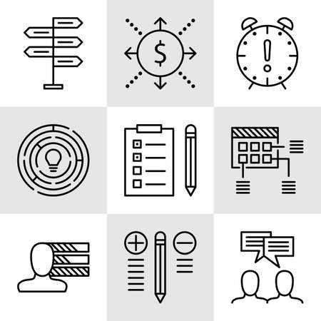 Set Of Project Management Icons On Decision Making, Personality And Team Meeting. Project Management Vector Icons For App, Web, Mobile And Infographics Design.のイラスト素材