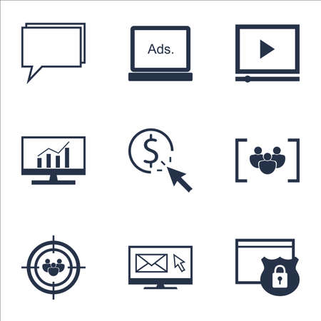 Set Of Marketing Icons On Conference, Focus Group And Video Player Topics. Editable Vector Illustration. Includes Display, Digital And Advertising Vector Icons.のイラスト素材