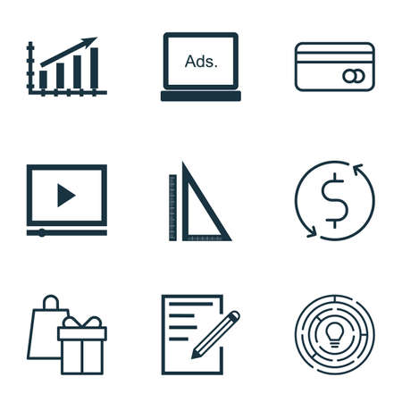 Set Of 9 Universal Editable Icons For Advertising, Airport And Statistics Topics. Includes Icons Such As Paper, Money Trasnfer, Profit Graph And More.のイラスト素材