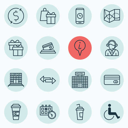Set Of 16 Traveling Icons. Can Be Used For Web, Mobile, UI And Infographic Design. Includes Elements Such As Road, Appointment, Coffee And More.のイラスト素材