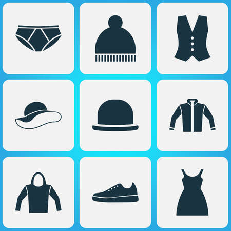 Clothes Icons Set. Collection Of Panama, Elegant Headgear, Beanie And Other Elements. Also Includes Symbols Such As Clothes, Cardigan, Hoodie.のイラスト素材