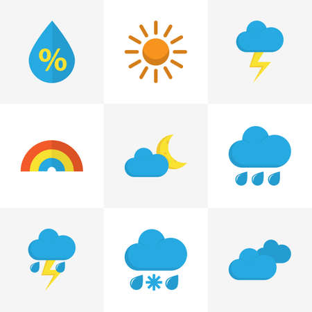 Meteorology Flat Icons Set. Collection Of Overcast, The Flash, Rain And Other Elements. Also Includes Symbols Such As Sun, Lightning, Drizzles.のイラスト素材