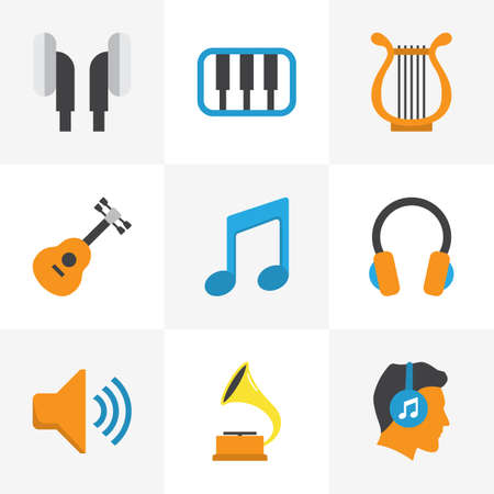 Audio Flat Icons Set. Collection Of Earpiece, Ear Muffs, Audio And Other Elements. Also Includes Symbols Such As Musical, Guitar, Voice.のイラスト素材